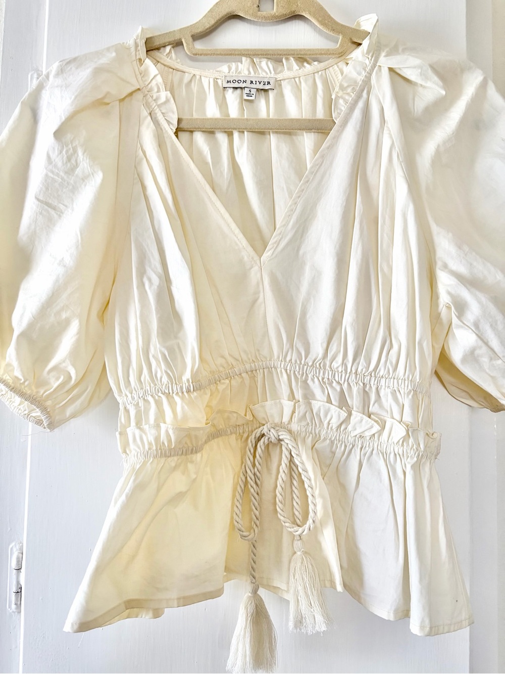 Moon River Cream Blouse with Braided Tie Detail